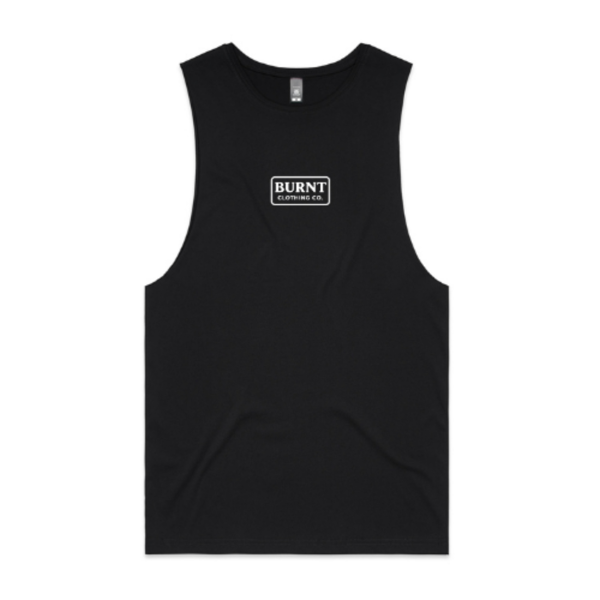 Black tank top with 'Burnt' logo on a white background