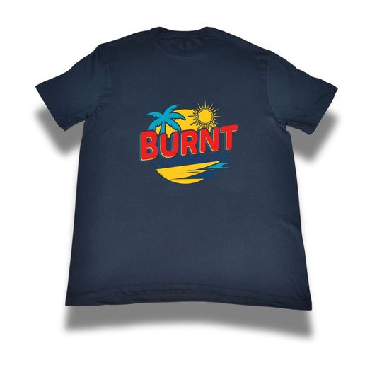 Black t-shirt with 'BURNt' graphic design on a white background