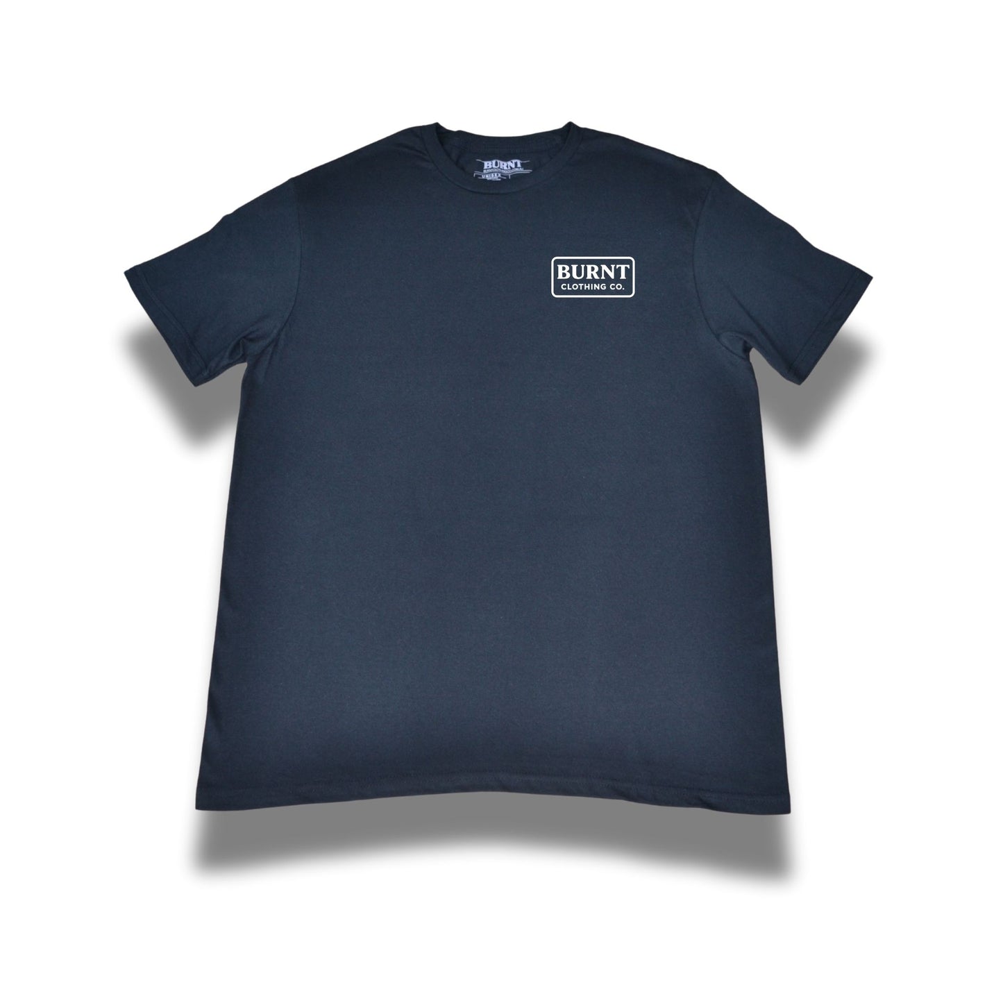 Black t-shirt with a logo on the chest against a white background