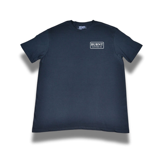 Black t-shirt with a logo on the chest against a white background
