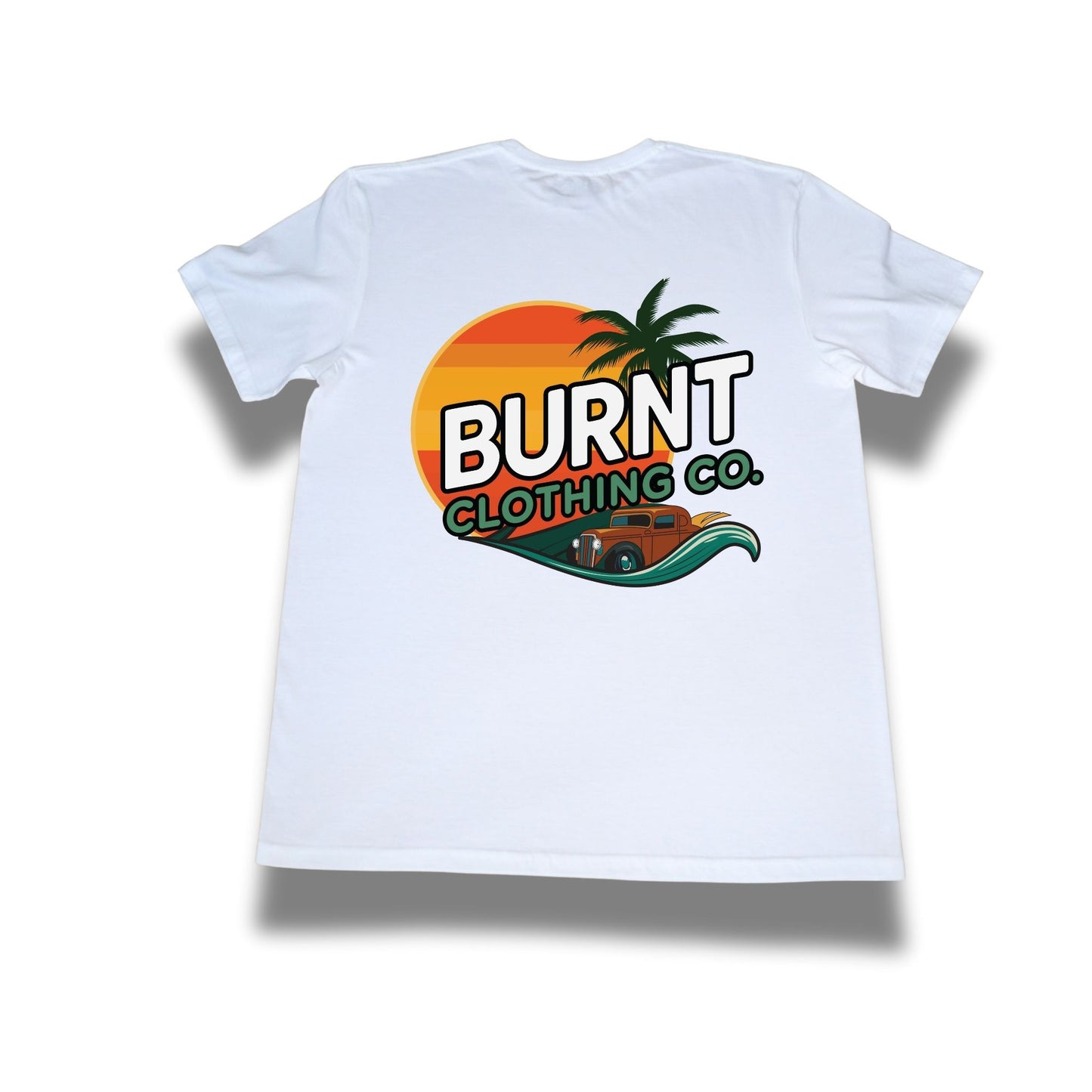 White t-shirt with 'Burnt Clothing Co' logo featuring a palm tree and sunset design on a white background.