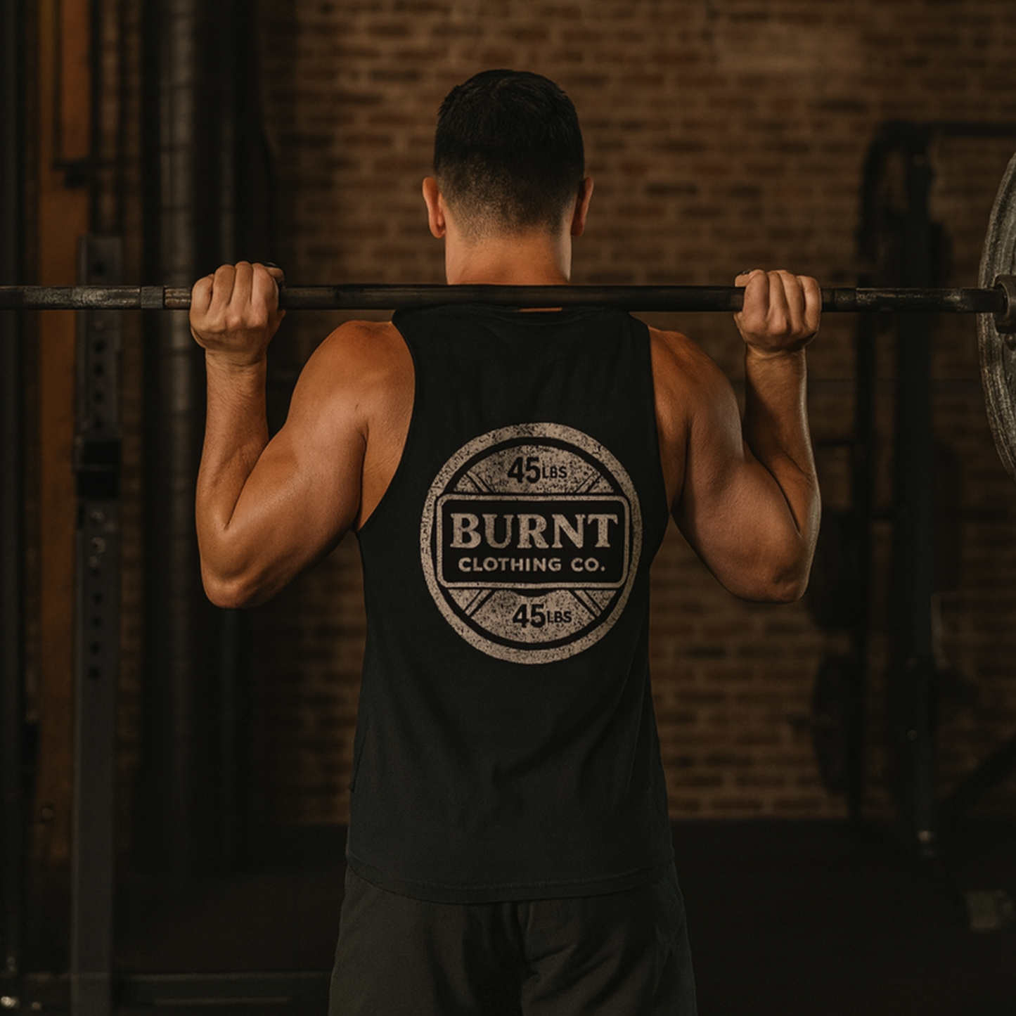 Person lifting a barbell wearing a 'Burnt Clothing Co.' tank top in a gym setting.