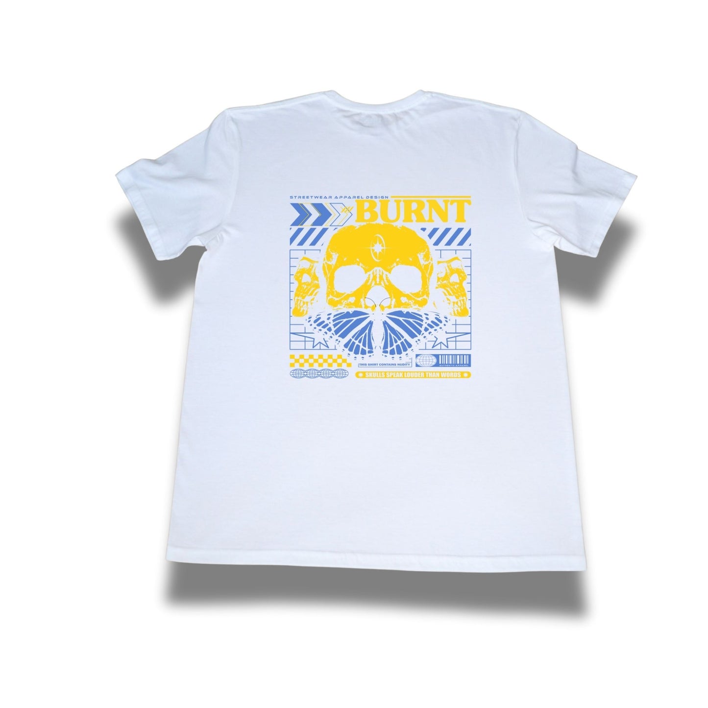 White t-shirt with a yellow and blue graphic design on a white background