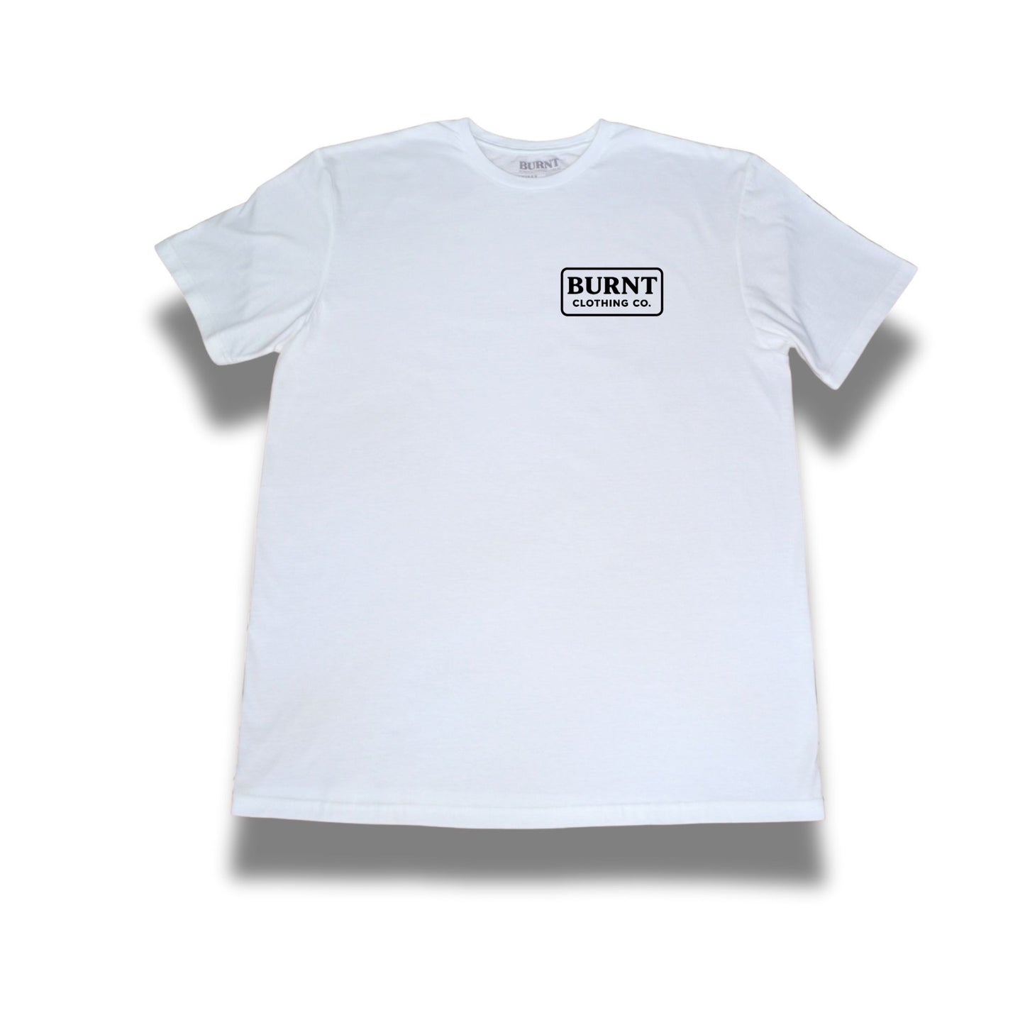 White t-shirt with a black logo on a white background