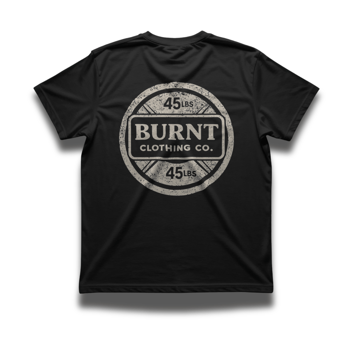 Rear view of black 45 Plate T-shirt by Burnt Clothing Co.