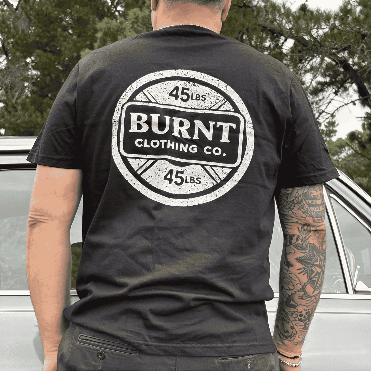 Black 45 Plate T-shirt with distressed 45 LBS graphic.