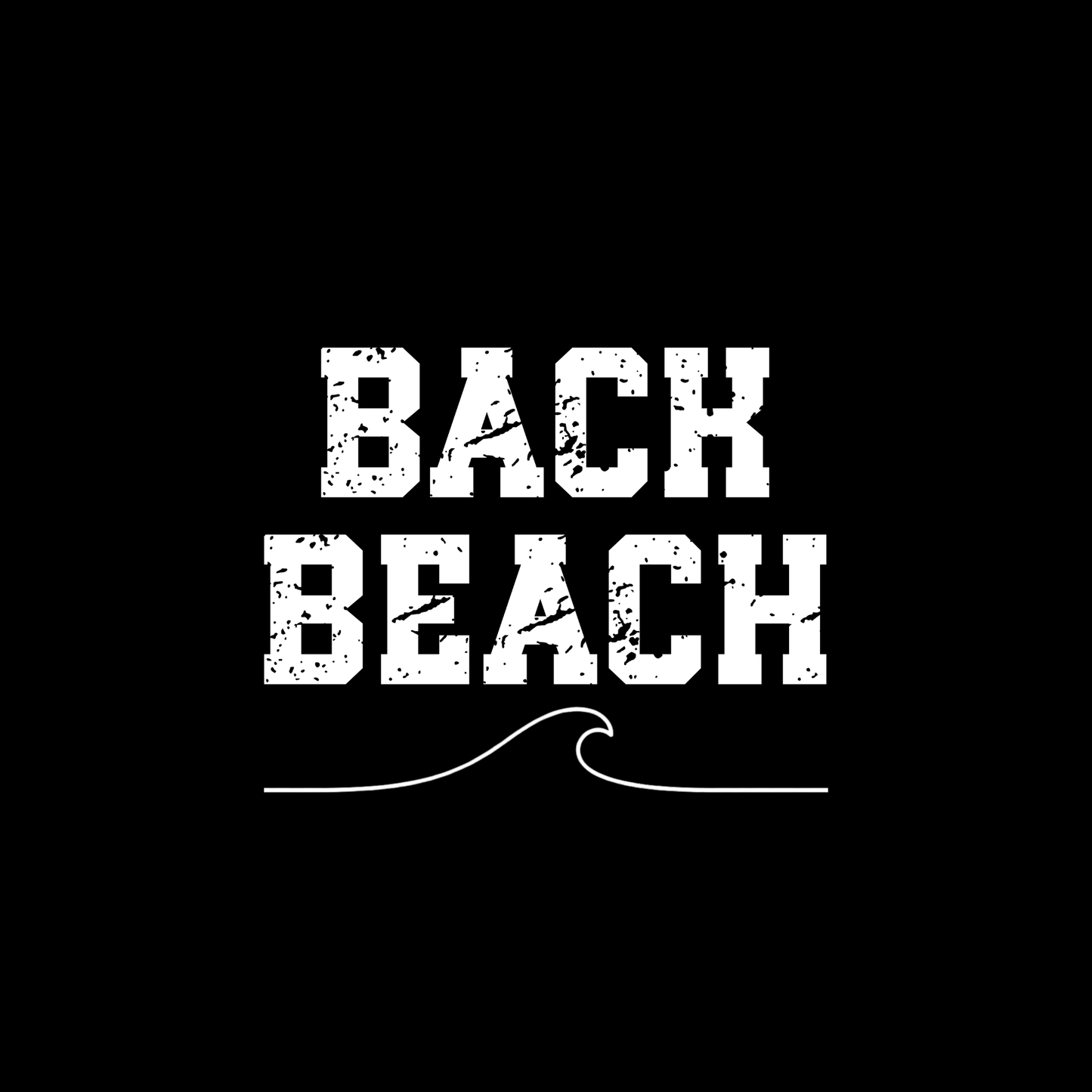 Distressed white Back Beach rear-print design with centred wave detail