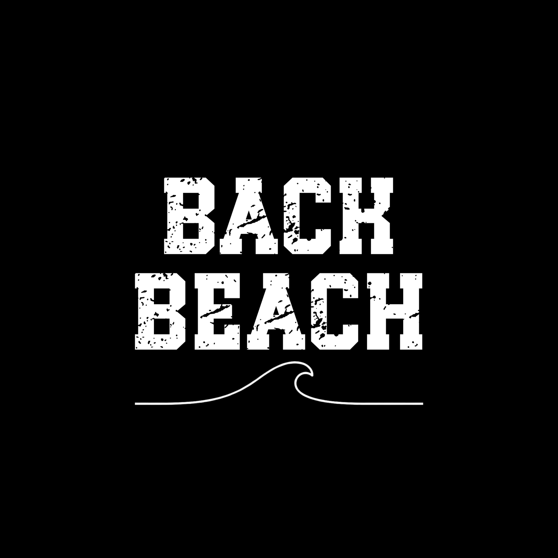 Distressed white Back Beach rear-print design with centred wave detail