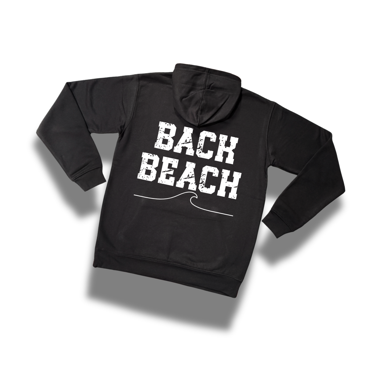 Black Back Beach hoodie with oversized rear wave print.