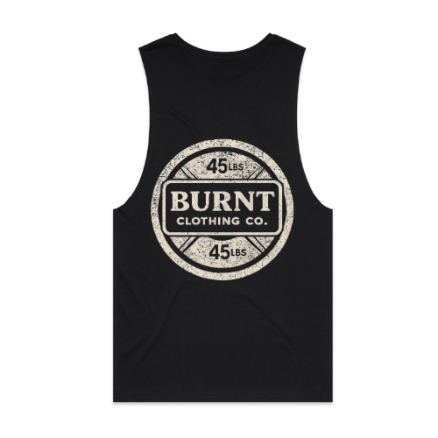 Black tank top with 'Burnt Clothing Co' logo on a white background