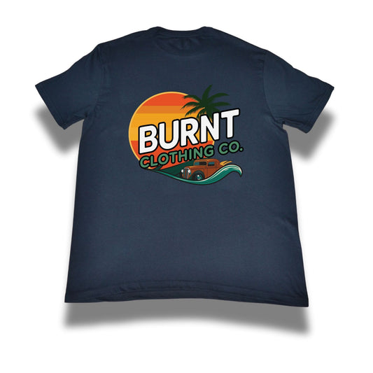 Black t-shirt with 'Burnt Clothing Co.' logo on a white background