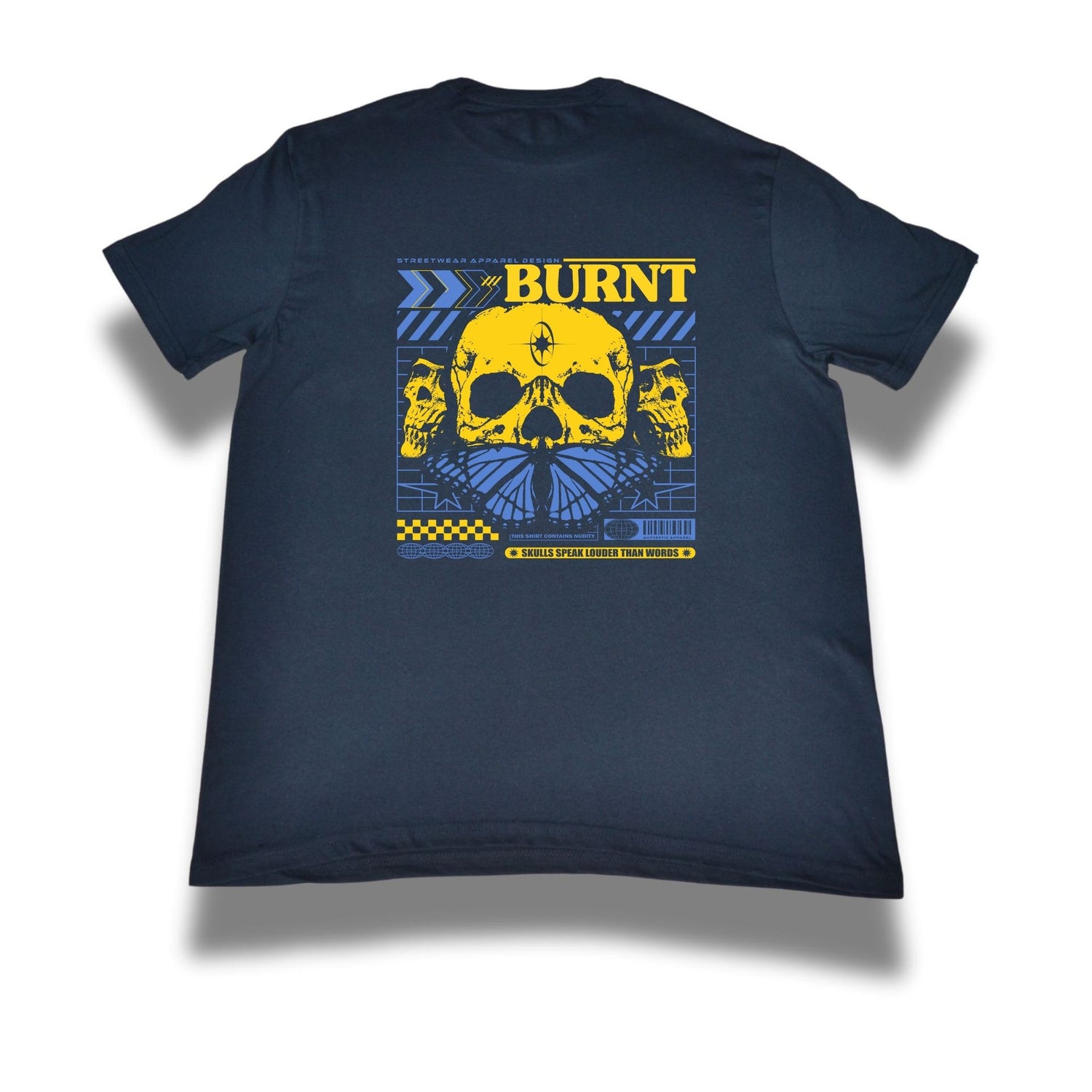 Black t-shirt with yellow and blue graphic design on a white background