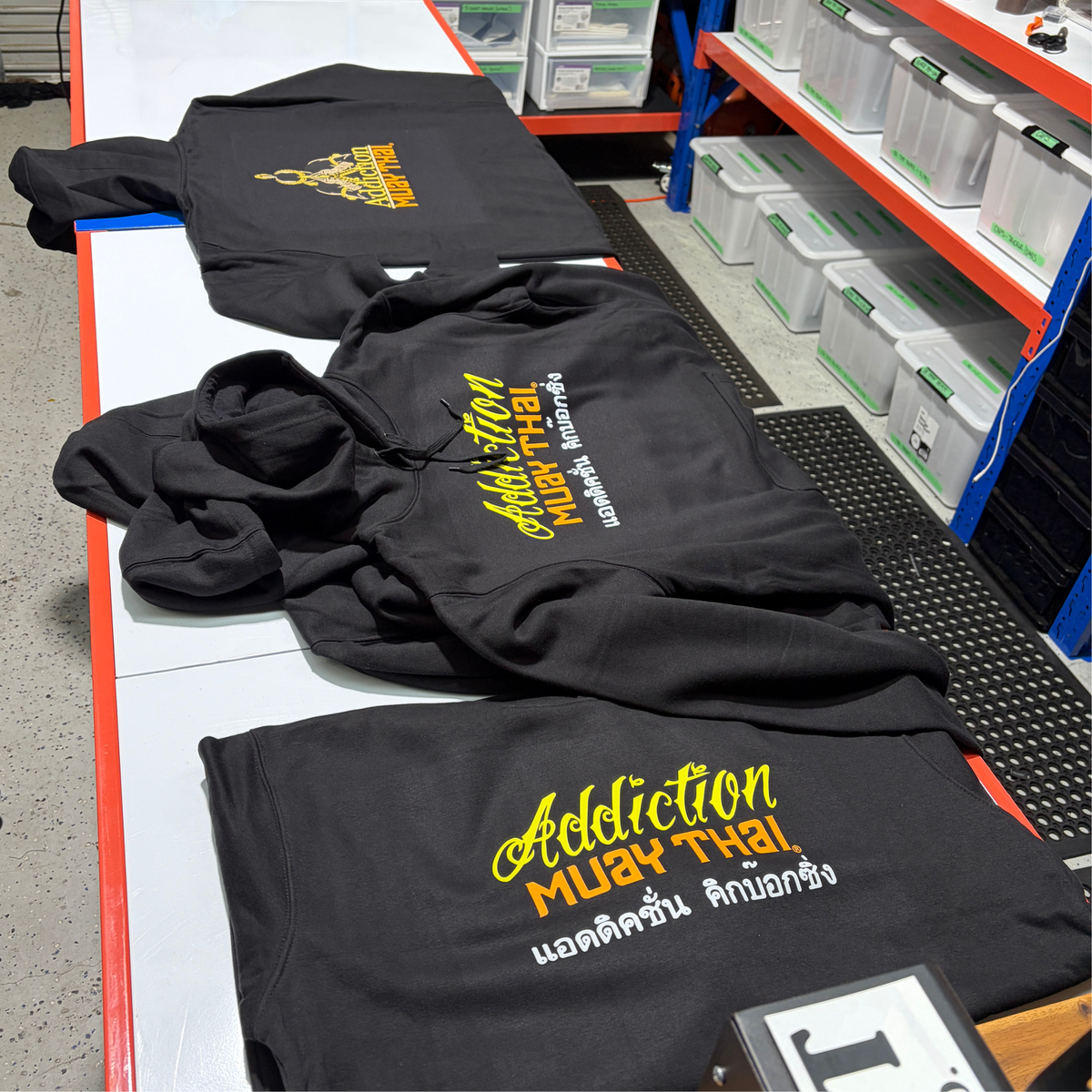 Addiction Kick Boxing custom apparel produced by Burnt Clothing Co. in Melbourne