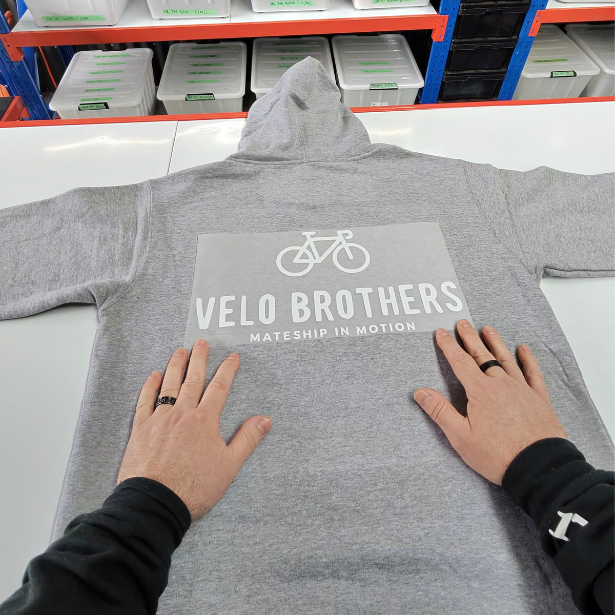 Velo Brothers custom hoodie production by Burnt Clothing Co. in Melbourne