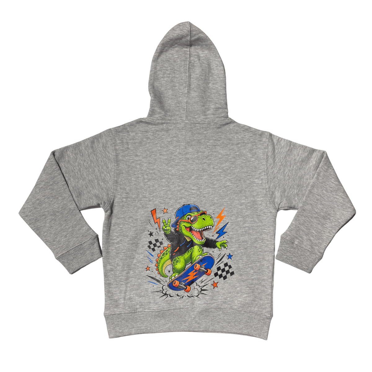Grey Dino Skater kids hoodie back flat lay with dinosaur skateboard print