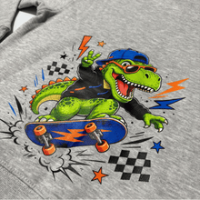 Dino Skater dinosaur skateboard back print on grey personalised kids hoodie
