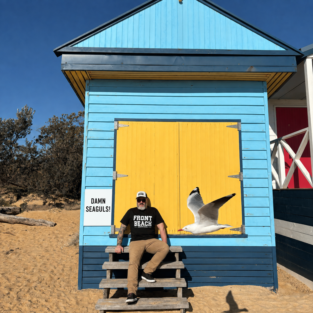 Man seated outside a blue and yellow beach box wearing the Front Beach black tee with a seagull nearby