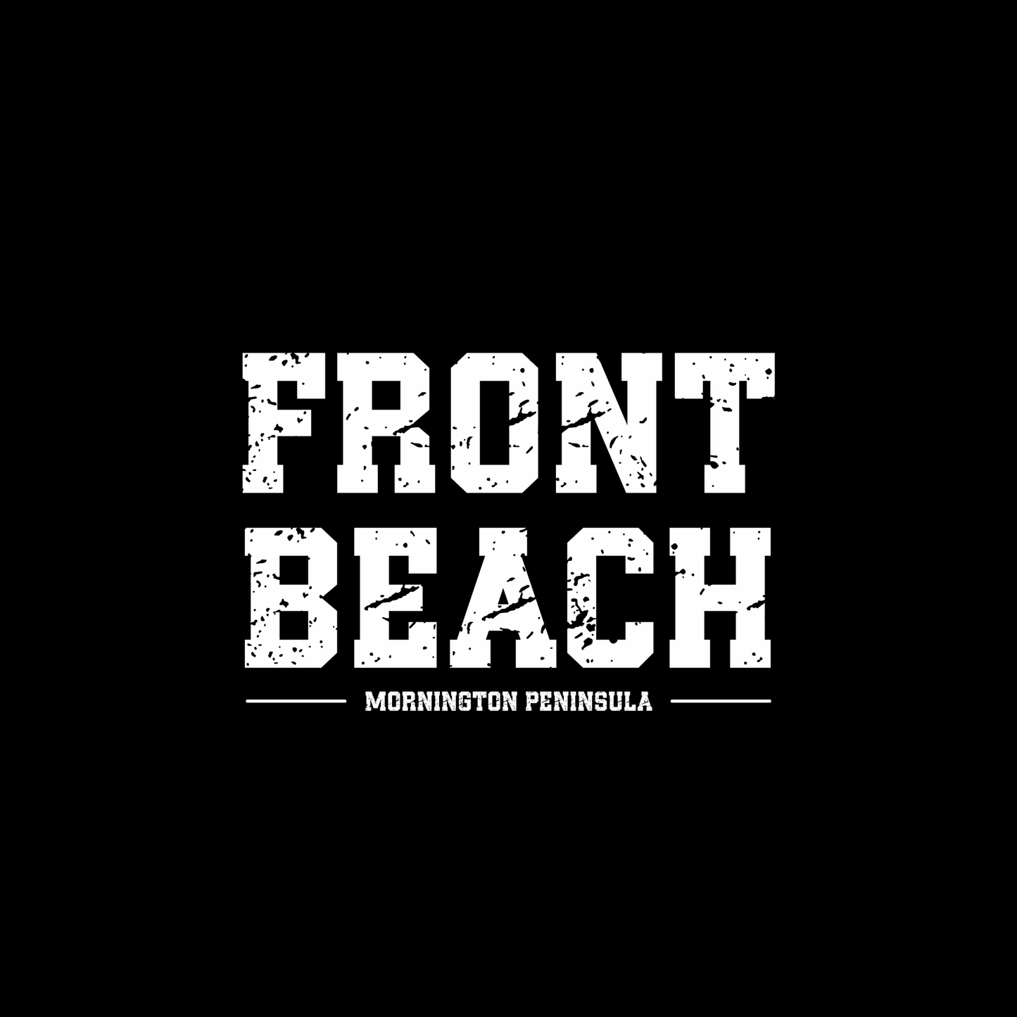 Distressed white Front Beach chest-print design for the black Mornington Peninsula tee