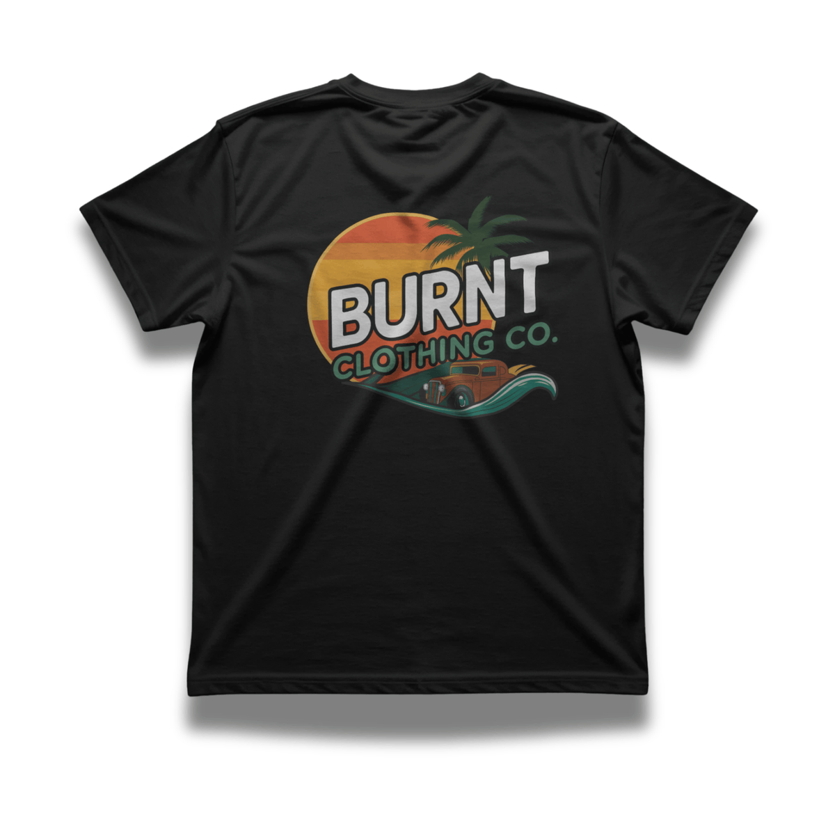 Rear view of black Hot Rod Sunset graphic T-shirt.