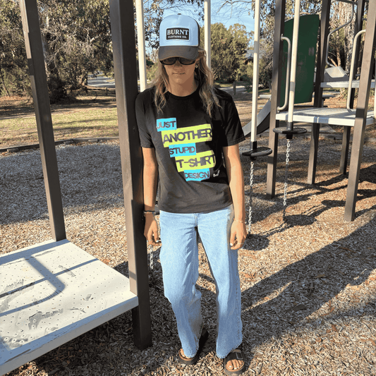 Model wearing Burnt JASTD graphic t-shirt