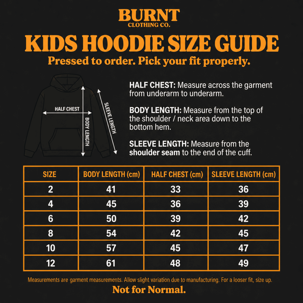 Burnt Clothing Co kids hoodie size guide for sizes 2 to 12