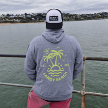 Model wearing Grey Langy Beach hoodie by Burnt Clothing Co