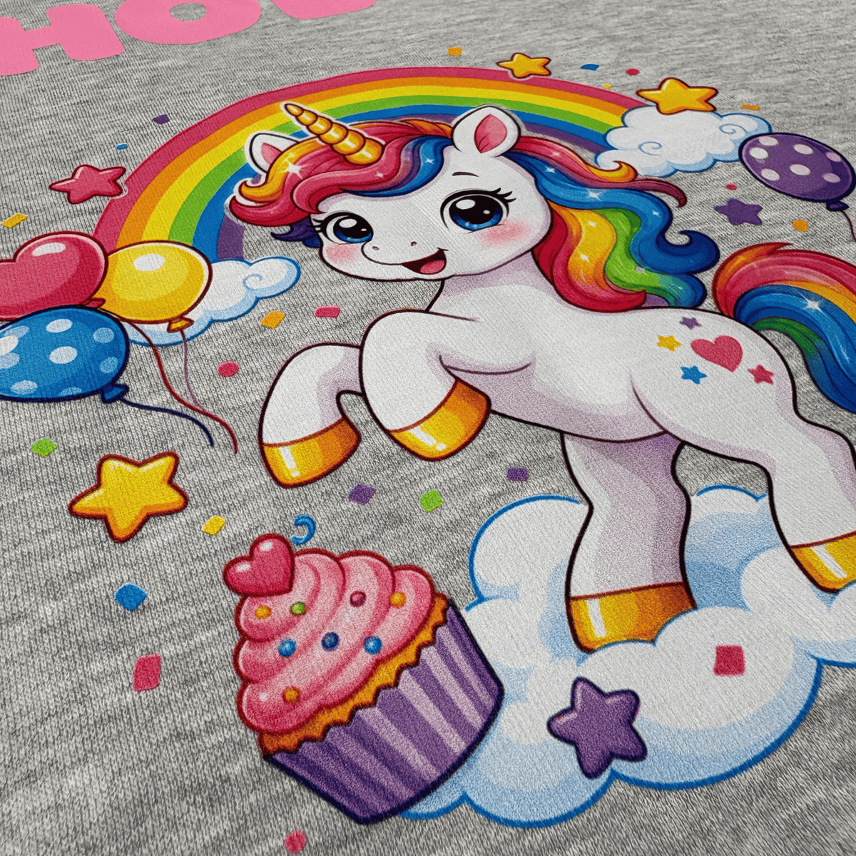 Cupcake Unicorn colourful back print detail on grey personalised kids hoodie