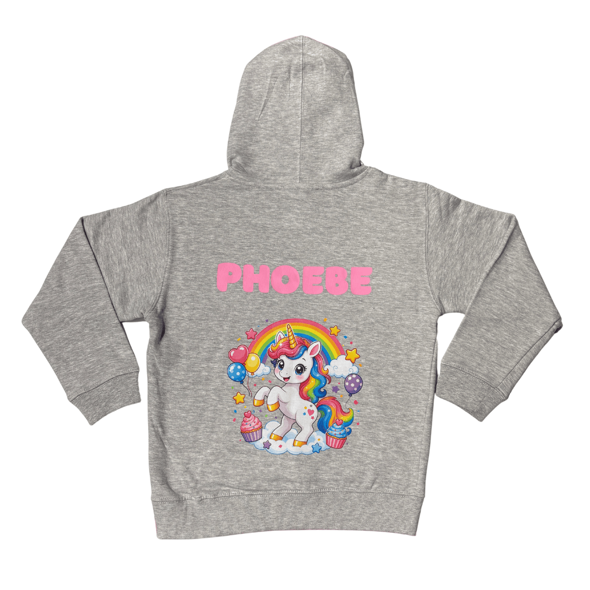 Grey Cupcake Unicorn kids hoodie back flat lay with personalised name and unicorn print
