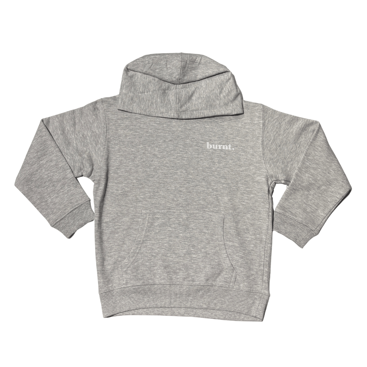 Grey kids pullover hoodie front flat lay
