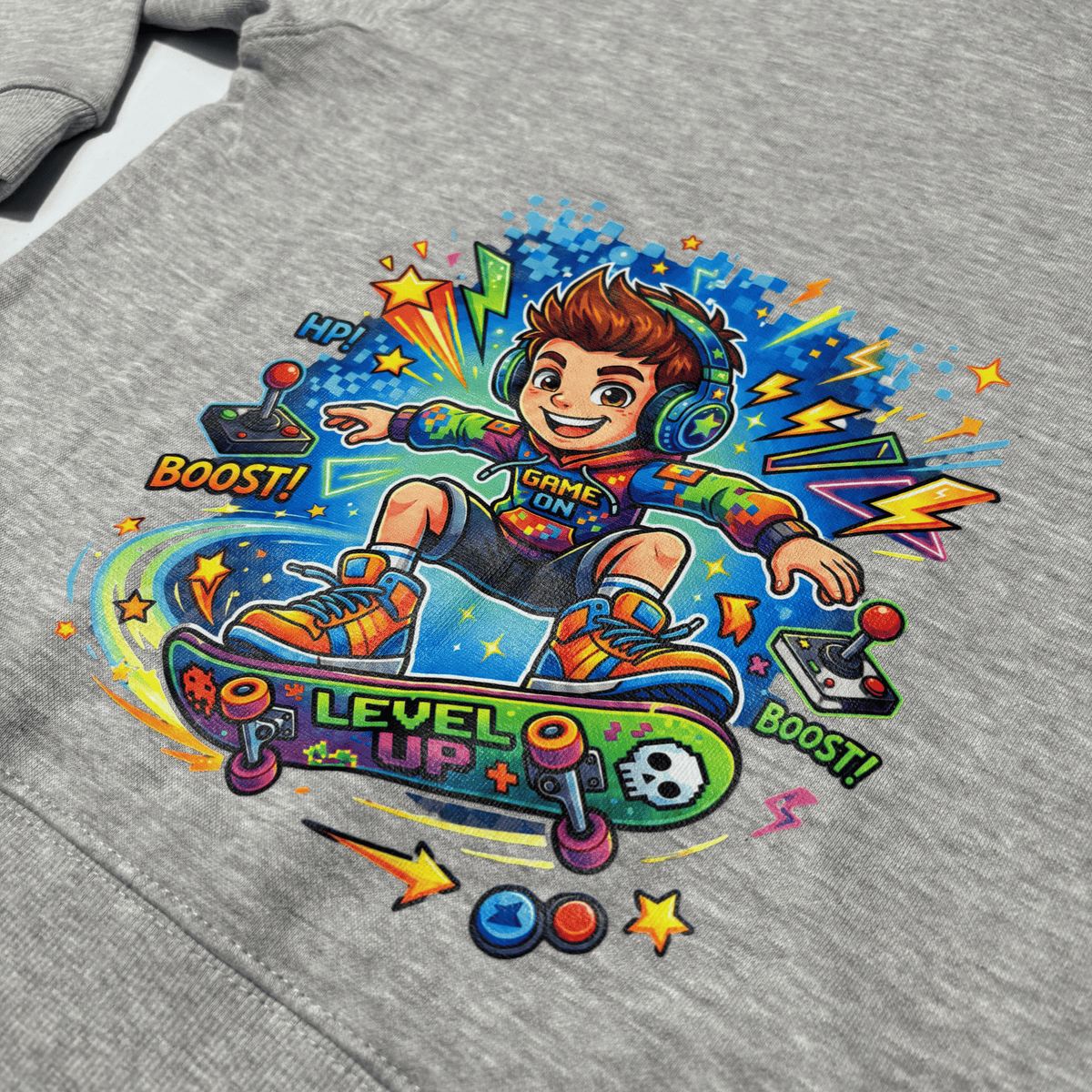 Pixel Skater gamer skateboard back print on grey personalised kids hoodie