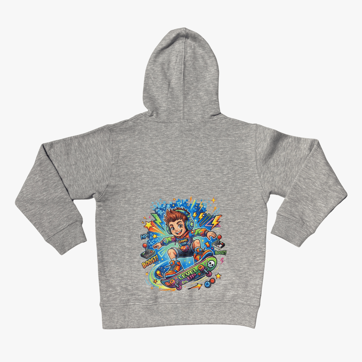 Grey Pixel Skater kids hoodie back flat lay with gamer skateboard print