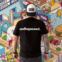 Black undiagnosed. t-shirt with white statement print by Burnt Clothing Co.