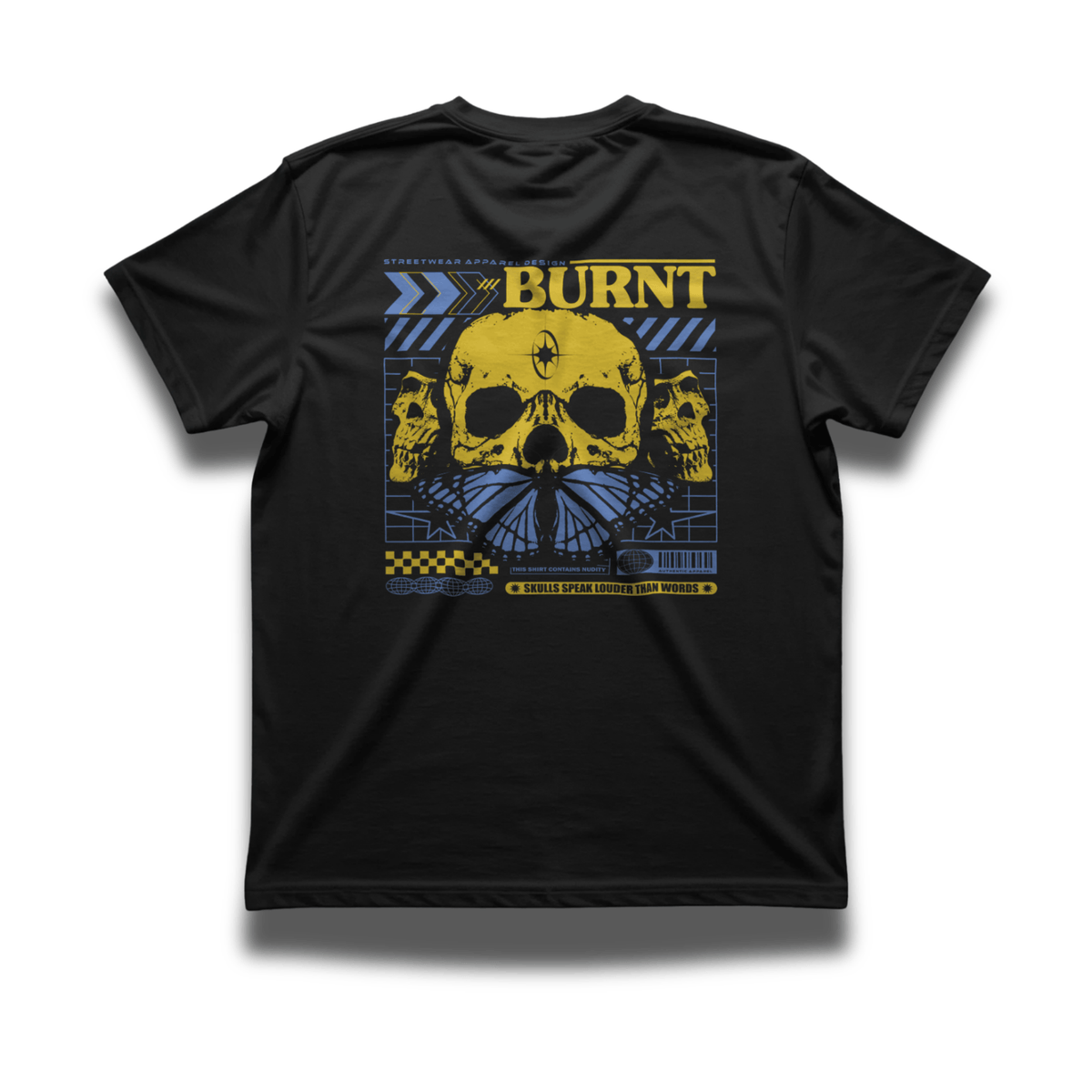Rear view of black Skull Speak graphic T-shirt.