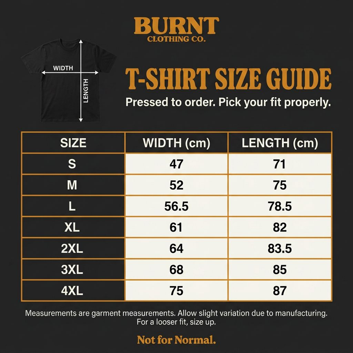 T-shirt size guide for Burnt Clothing Co. with measurements in centimeters.