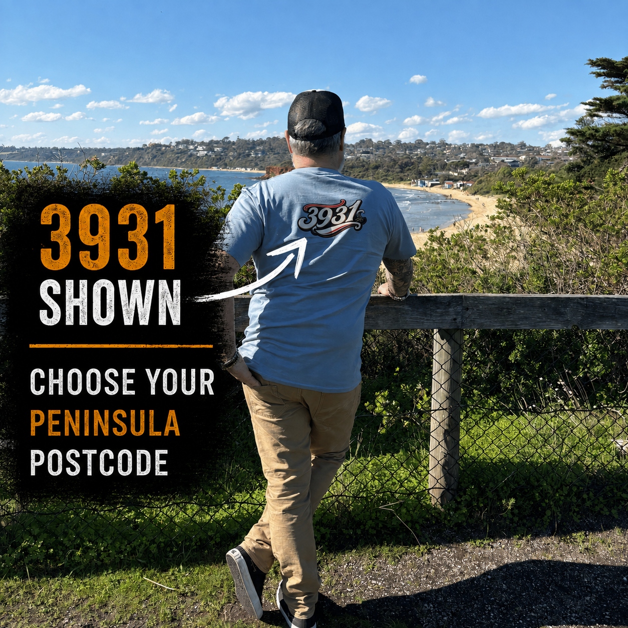 Back of The Ninch dusty blue tee showing example 3931 print and choose your Peninsula postcode message