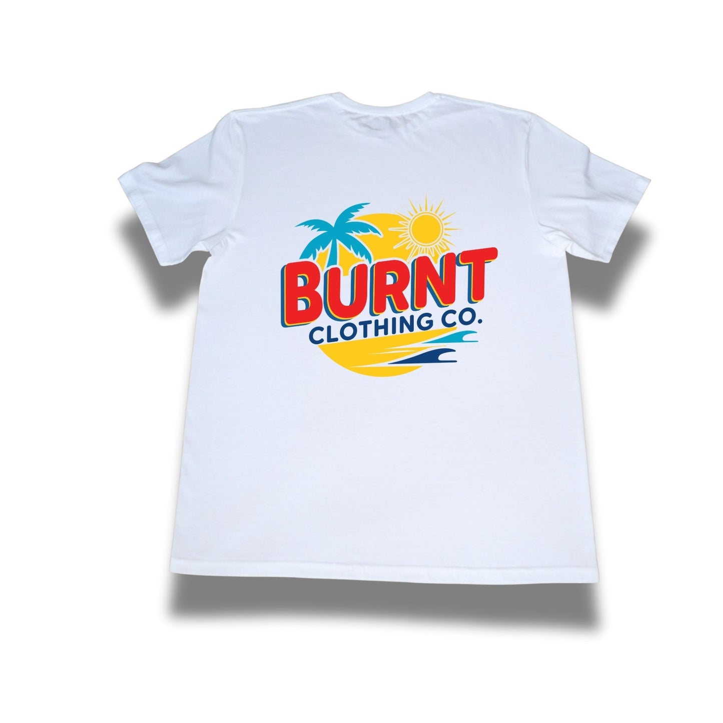 White t-shirt with 'Burnt Clothing Co.' logo on a white background