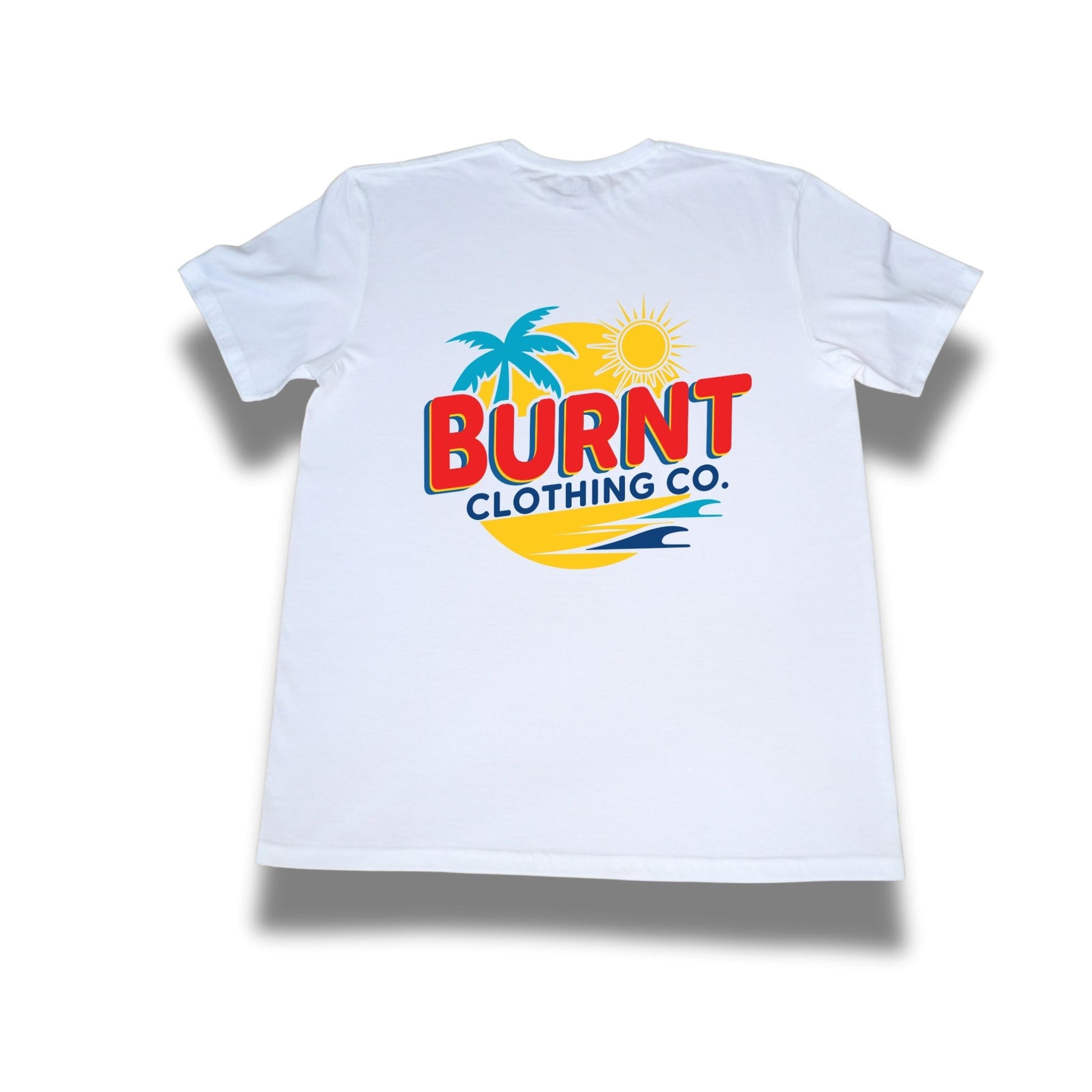 White t-shirt with 'Burnt Clothing Co.' logo on a white background