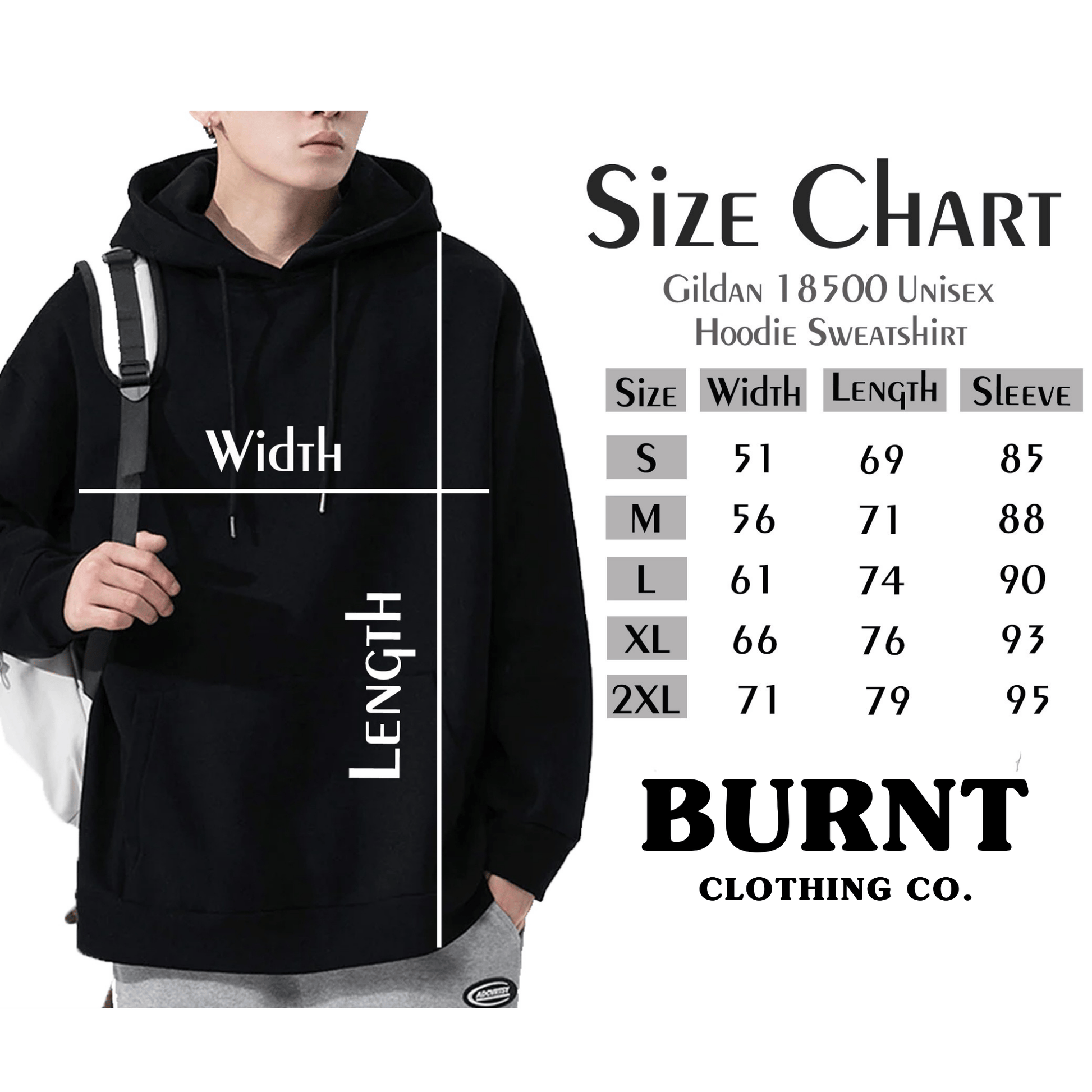 Burnt Clothing Co hoodie sizing chart and fit guide