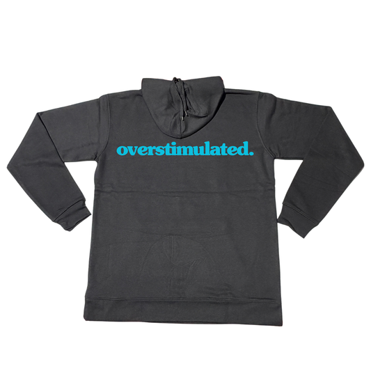 Black overstimulated. hoodie with electric blue front print, shown flat.