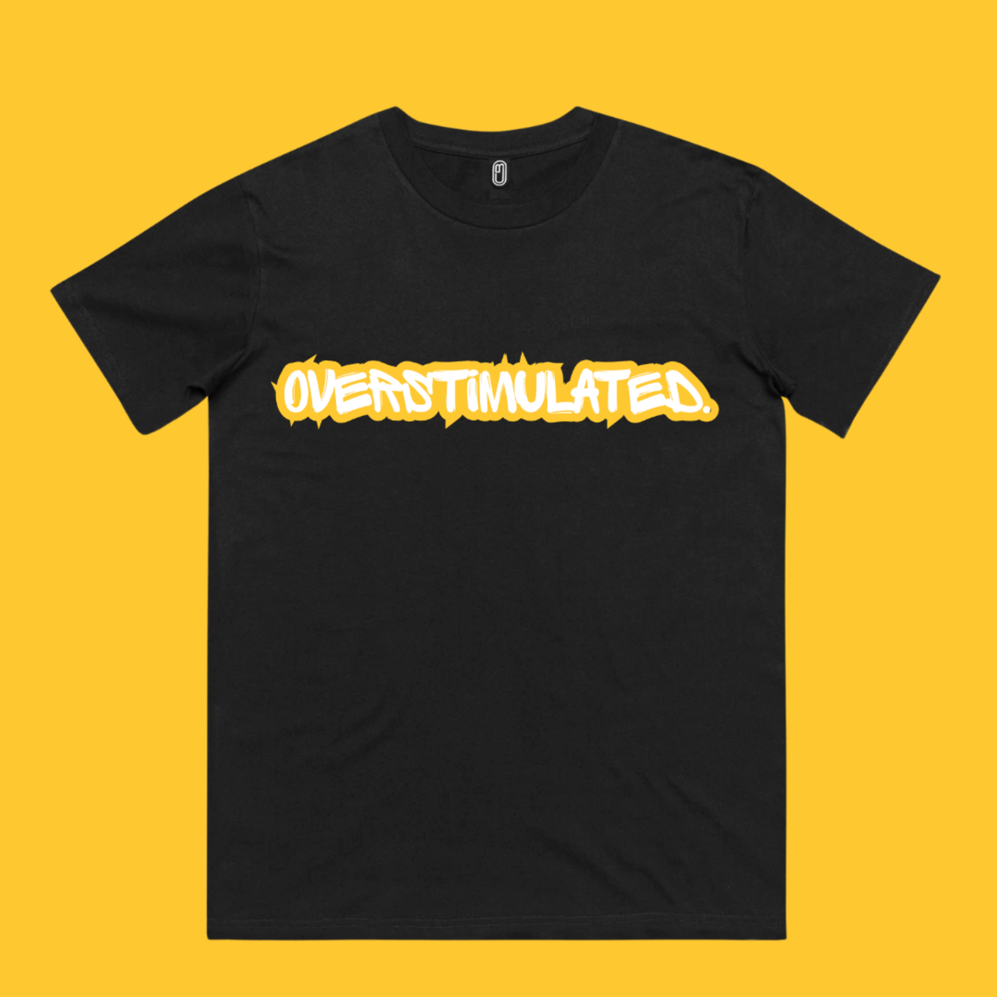 overstimulated. limited edition black tee with yellow and white front print