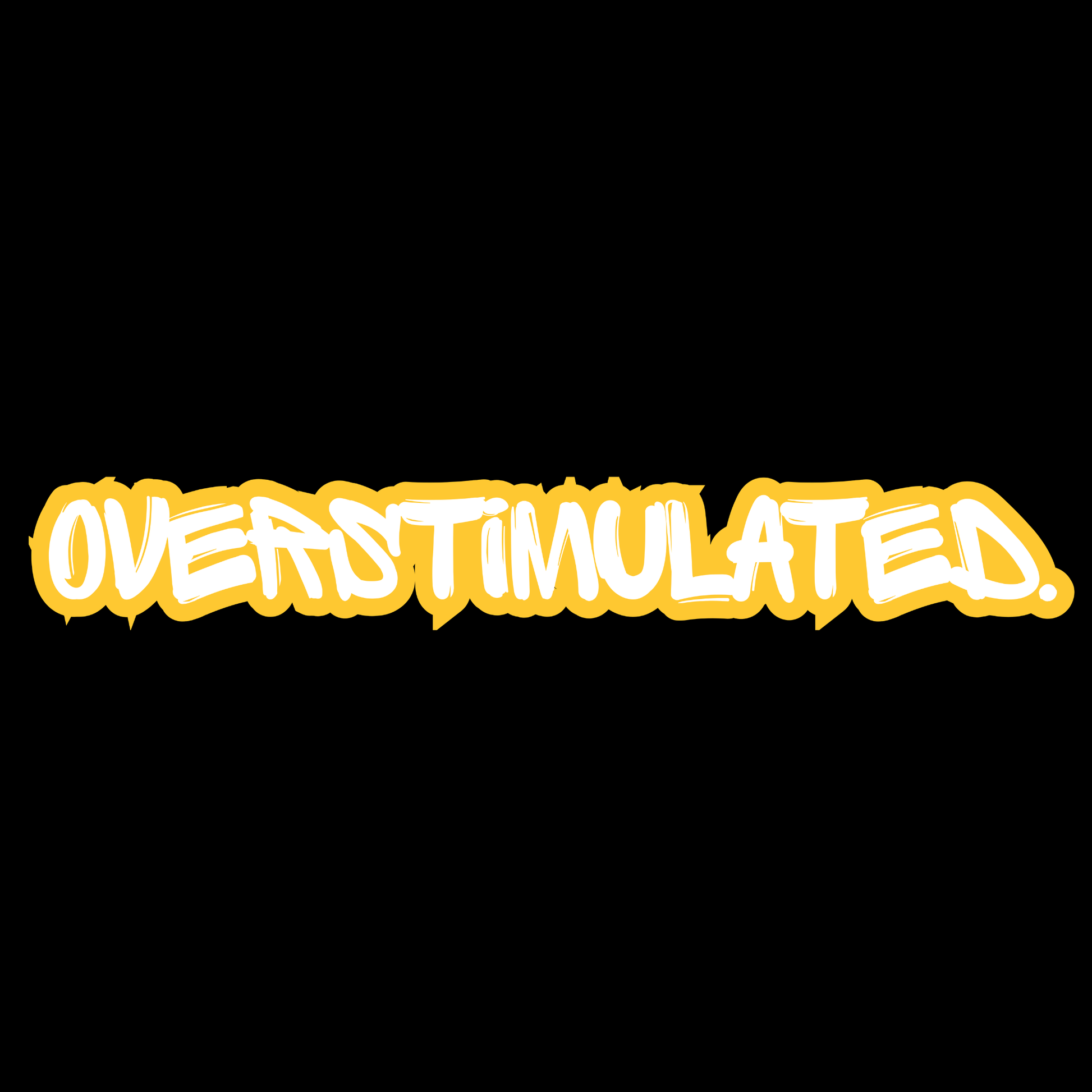 Yellow and white overstimulated. graphic featured on the limited edition tee