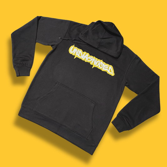 undiagnosed. limited edition black hoodie with yellow and white front print