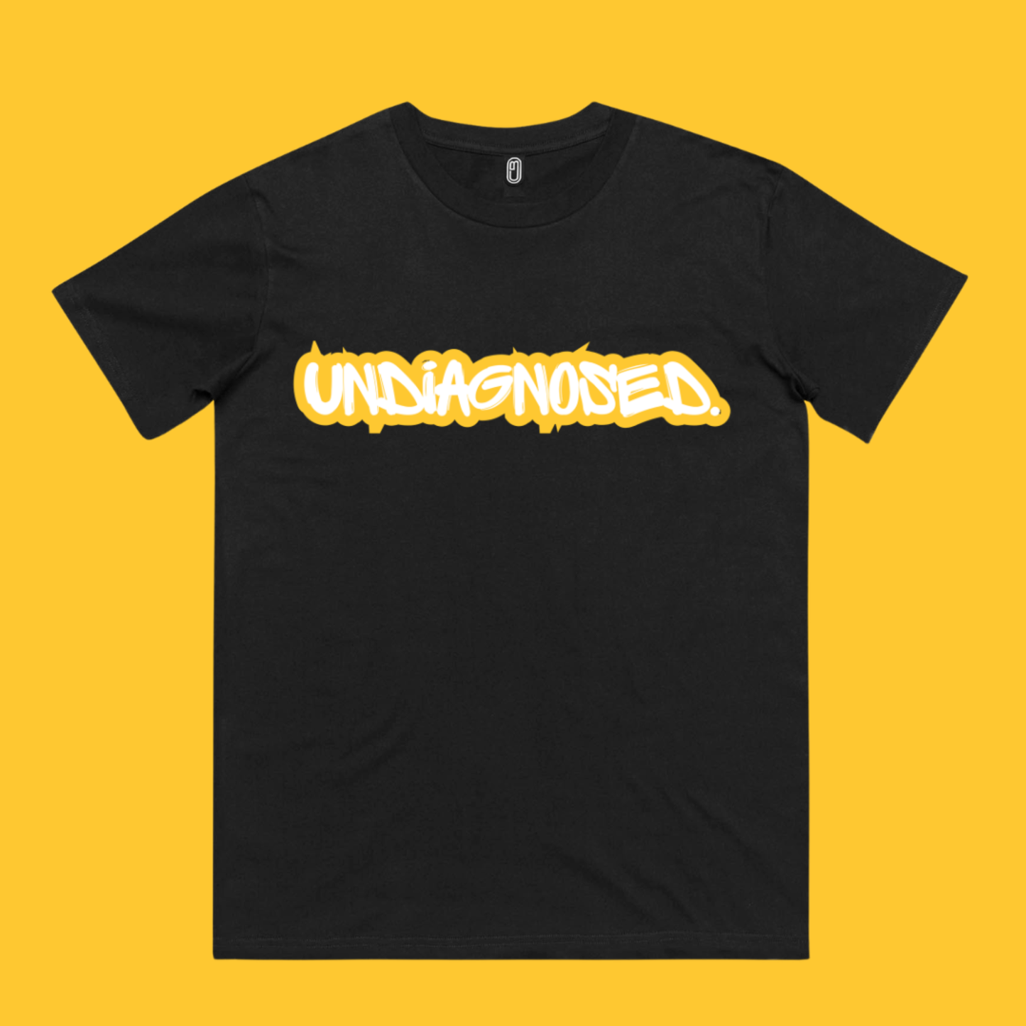 undiagnosed. limited edition black tee with yellow and white front print