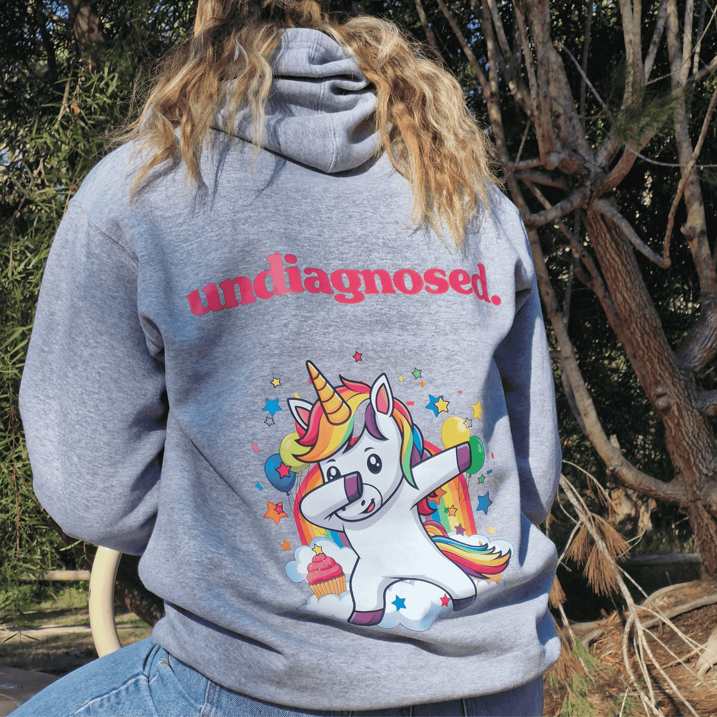 undiagnosed. Unicorn Hoodie - Grey Marle/ Pink